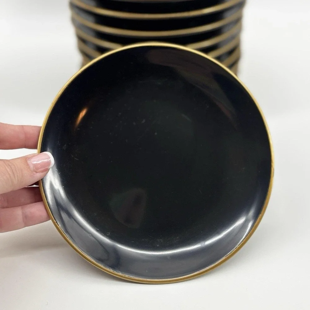 Vintage Japanese Lacquerware  6.5 Inch Plates Black  Gold Trim Set Of 12‎ Sushi
